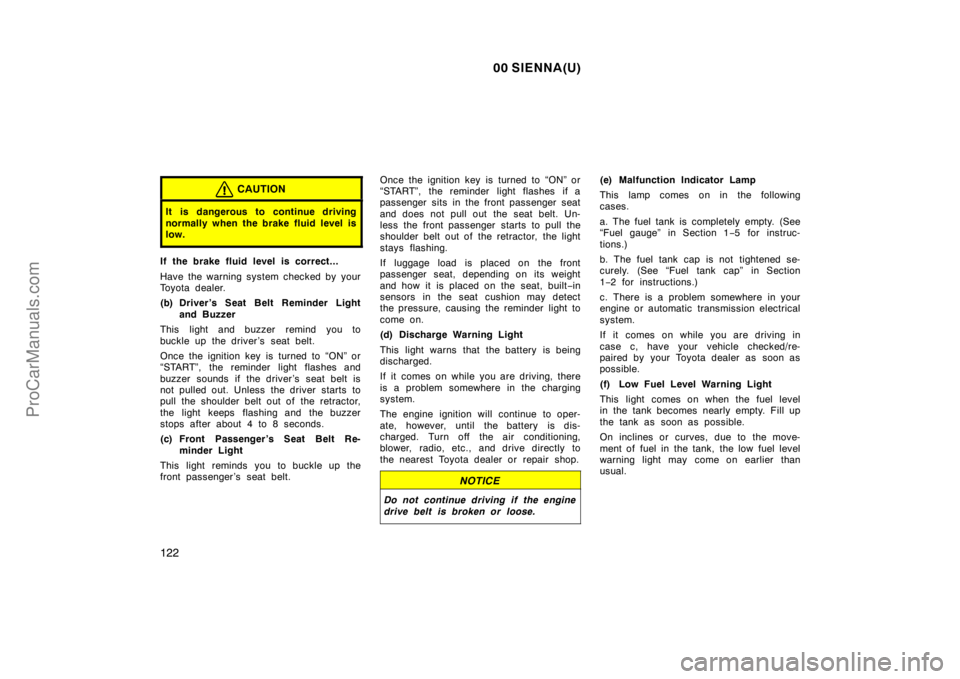 TOYOTA SIENNA 2000  Owners Manual 00 SIENNA(U)
122
CAUTION
It is dangerous to continue driving
normally when the brake fluid level is
low.
If the brake fluid level is correct...
Have the warning system checked by your
Toyota dealer.
(
