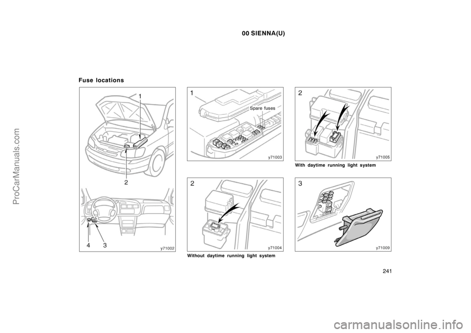 TOYOTA SIENNA 2000  Owners Manual 00 SIENNA(U)
241
Fuse locations
Spare fuses
Without daytime running light system
With daytime running light system
ProCarManuals.com 