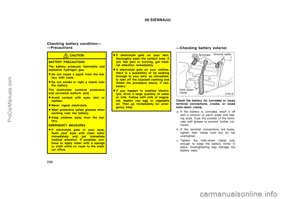 TOYOTA SIENNA 2000  Owners Manual 00 SIENNA(U)
256
CAUTION
BATTERY PRECAUTIONS
The battery produces flammable and
explosive hydrogen gas.
Do not cause a spark from the bat-
tery with tools.
Do not smoke or light a match near
the bat
