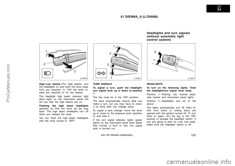 TOYOTA SIENNA 2001  Owners Manual   
01 SIENNA_U (L/O0008)
1232001 MY SIENNA (OM45406U)
High−Low beams—For high beams, turn
the headlights on and push the lever away
from you (position 1). Pull the lever to-
ward you (position 2) 