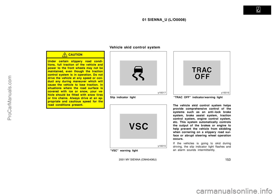 TOYOTA SIENNA 2001  Owners Manual   
01 SIENNA_U (L/O0008)
1532001 MY SIENNA (OM45406U)
CAUTION
Under certain slippery road condi-
tions, full traction of the vehicle and
power to the front wheels may not be
maintained, even though th