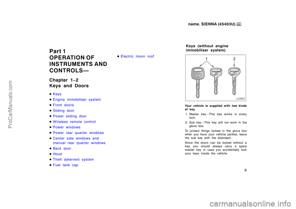 TOYOTA SIENNA 1999  Owners Manual name. SIENNA (45403U) 
9
Part 1
OPERATION OF
INSTRUMENTS AND 
CONTROLS—
Chapter 1−2
Keys and Doors
Keys
Engine immobiliser system
Front doors
Sliding door
Power sliding door
Wireless remote 