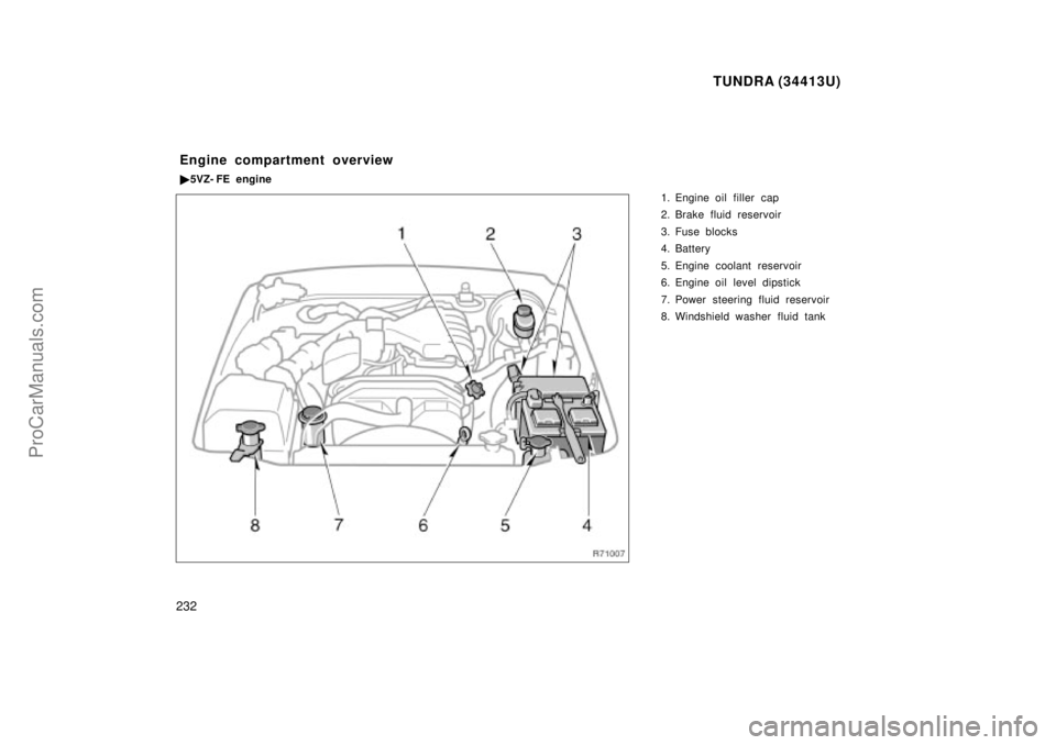 TOYOTA TUNDRA 2000  Owners Manual TUNDRA (34413U)
232
1. Engine oil filler cap
2. Brake fluid reservoir
3. Fuse blocks
4. Battery
5. Engine coolant reservoir
6. Engine oil level dipstick
7. Power steering fluid reservoir
8. Windshield