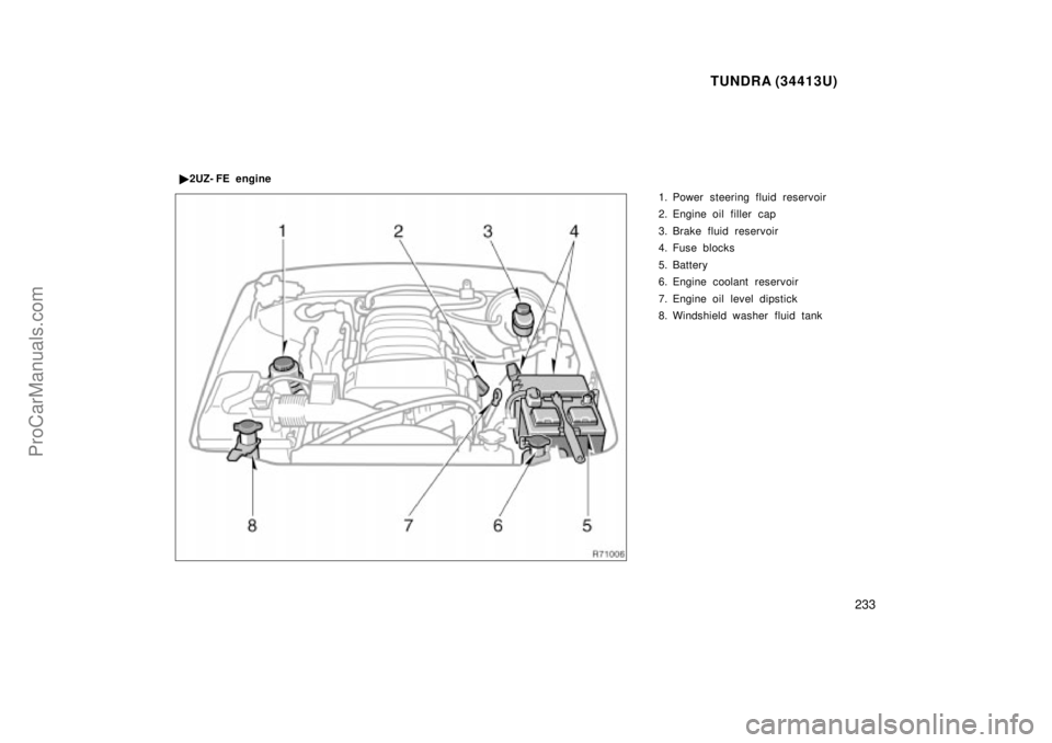 TOYOTA TUNDRA 2000  Owners Manual TUNDRA (34413U)
233
1. Power steering fluid reservoir
2. Engine oil filler  cap
3. Brake fluid reservoir
4. Fuse blocks
5. Battery
6. Engine coolant reservoir
7. Engine oil level dipstick
8. Windshiel