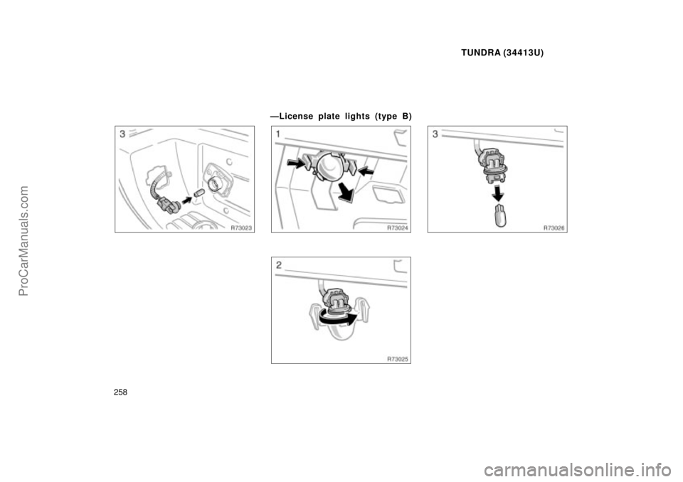 TOYOTA TUNDRA 2000  Owners Manual TUNDRA (34413U)
258
ÐLicense plate lights (type B)
ProCarManuals.com 
