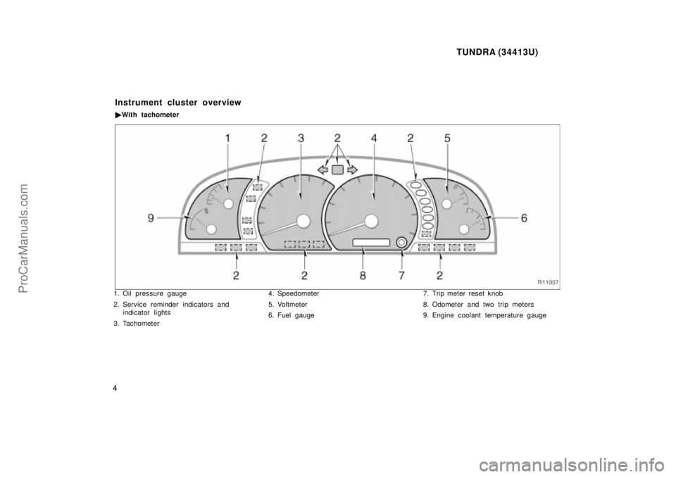 TOYOTA TUNDRA 2000  Owners Manual TUNDRA (34413U)
4
1. Oil pressure gauge
2. Service reminder indicators and indicator lights
3. Tachometer 4. Speedometer
5. Voltmeter
6. Fuel gauge
7. Trip meter reset knob
8. Odometer and two trip me