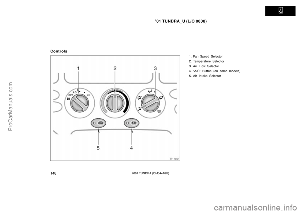 TOYOTA TUNDRA 2001  Owners Manual   
01 TUNDRA_U (L/O 0008)
1482001 TUNDRA (OM 34416U)
Controls
1. Fan Speed Selector
2. Temperature Selector
3. Air Flow Selector
4. ªA/Cº Button (on some models)
5. Air Intake Selector
ProCarManual