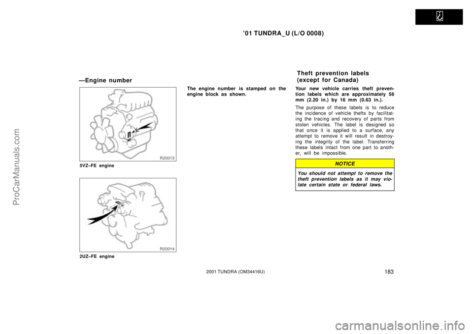 TOYOTA TUNDRA 2001  Owners Manual   
01 TUNDRA_U (L/O 0008)
1832001 TUNDRA (OM 34416U)
ÐEngine number
5VZ±FE engine
2UZ±FE engine
The engine number  is stamped on the
engine block as shown. Your new vehicle carries theft preven-
t