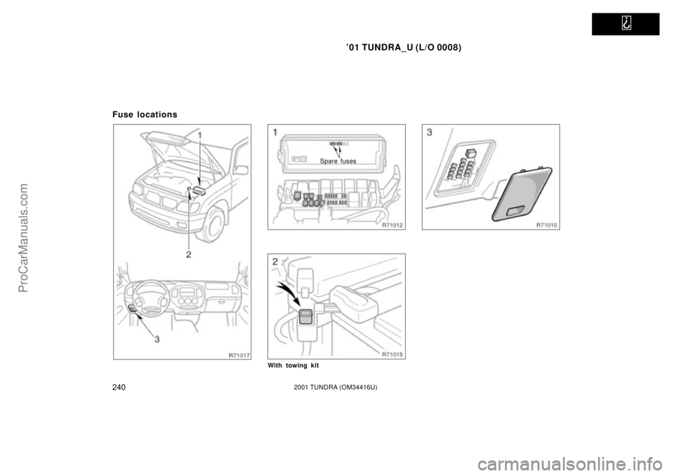 TOYOTA TUNDRA 2001  Owners Manual   
01 TUNDRA_U (L/O 0008)
2402001 TUNDRA (OM 34416U)
Fuse locations
Spare fuses
With towing kit
ProCarManuals.com 