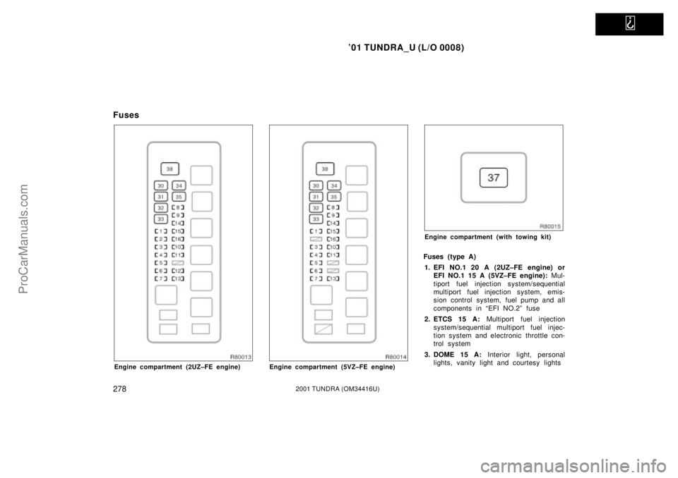 TOYOTA TUNDRA 2001 Owners Manual
01 TUNDRA_U (L/O 0008)
2782001 TUNDRA (OM 34416U)
Fuses
Engine compartment (2UZ±FE engine)Engine compartment (5VZ±FE engine)
Engine compartment (with towing kit)
Fuses (type A)
1. EFI NO.1 20 A TOYOTA TUNDRA 2001 Owners Manual
01 TUNDRA_U (L/O 0008)
2782001 TUNDRA (OM 34416U)
Fuses
Engine compartment (2UZ±FE engine)Engine compartment (5VZ±FE engine)
Engine compartment (with towing kit)
Fuses (type A)
1. EFI NO.1 20 A