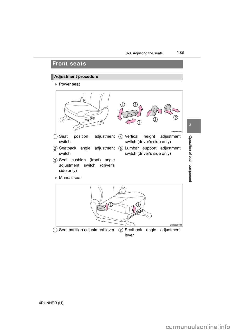 TOYOTA 4RUNNER 2022 Owners Manual 135
3
Operation of each component
4RUNNER (U)
3-3. Adjusting the seats
Power seat
Manual seat
Front seats
Adjustment procedure
Seat position adjustment
switch
Seatback angle adjustment
switc TOYOTA 4RUNNER 2022 Owners Manual 135
3
Operation of each component
4RUNNER (U)
3-3. Adjusting the seats
Power seat
Manual seat
Front seats
Adjustment procedure
Seat position adjustment
switch
Seatback angle adjustment
switc