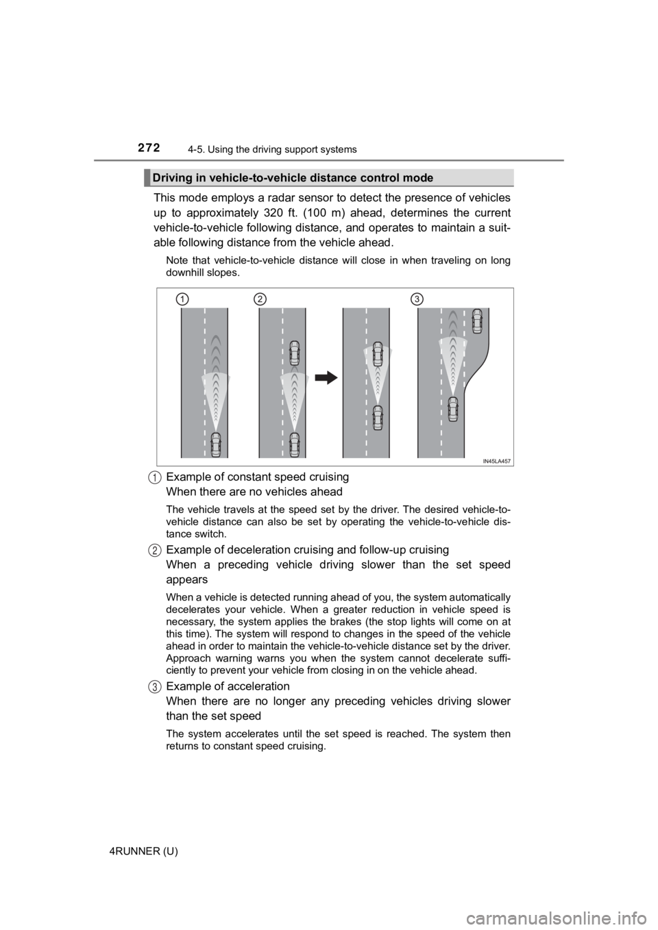 TOYOTA 4RUNNER 2022 Owners Manual 2724-5. Using the driving support systems
4RUNNER (U)
This mode employs a radar sensor to detect the presence of vehi cles
up to approximately 320 ft. (100 m) ahead, determines the curre nt
TOYOTA 4RUNNER 2022 Owners Manual 2724-5. Using the driving support systems
4RUNNER (U)
This mode employs a radar sensor to detect the presence of vehi cles
up to approximately 320 ft. (100 m) ahead, determines the curre nt