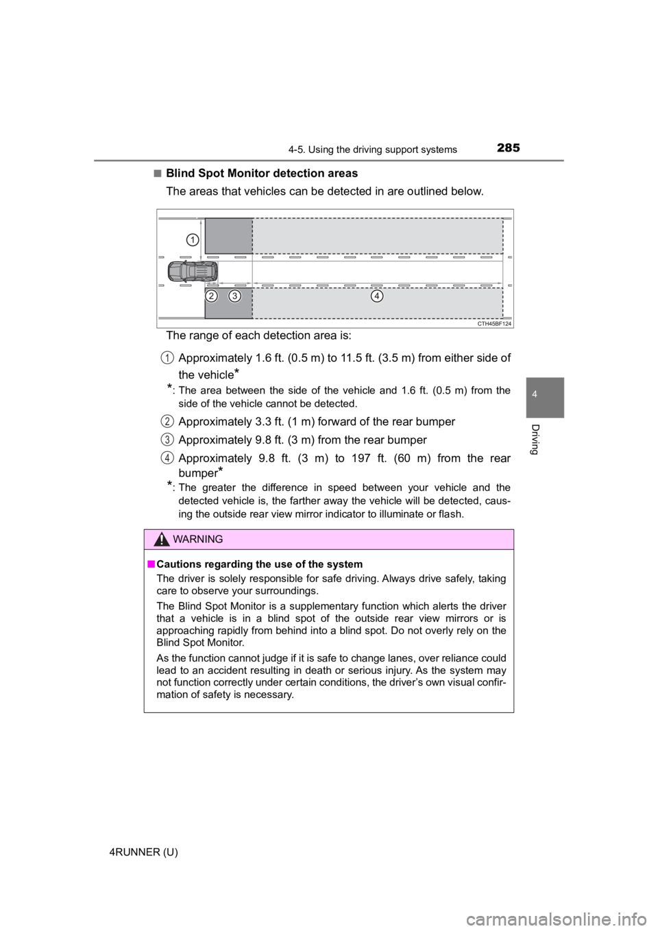 TOYOTA 4RUNNER 2022 Owners Manual 2854-5. Using the driving support systems
4
Driving
4RUNNER (U)■
Blind Spot Monito
r detection areas
The areas that vehicles can be detected in are outlined below.
The range of each detection area i TOYOTA 4RUNNER 2022 Owners Manual 2854-5. Using the driving support systems
4
Driving
4RUNNER (U)■
Blind Spot Monito
r detection areas
The areas that vehicles can be detected in are outlined below.
The range of each detection area i