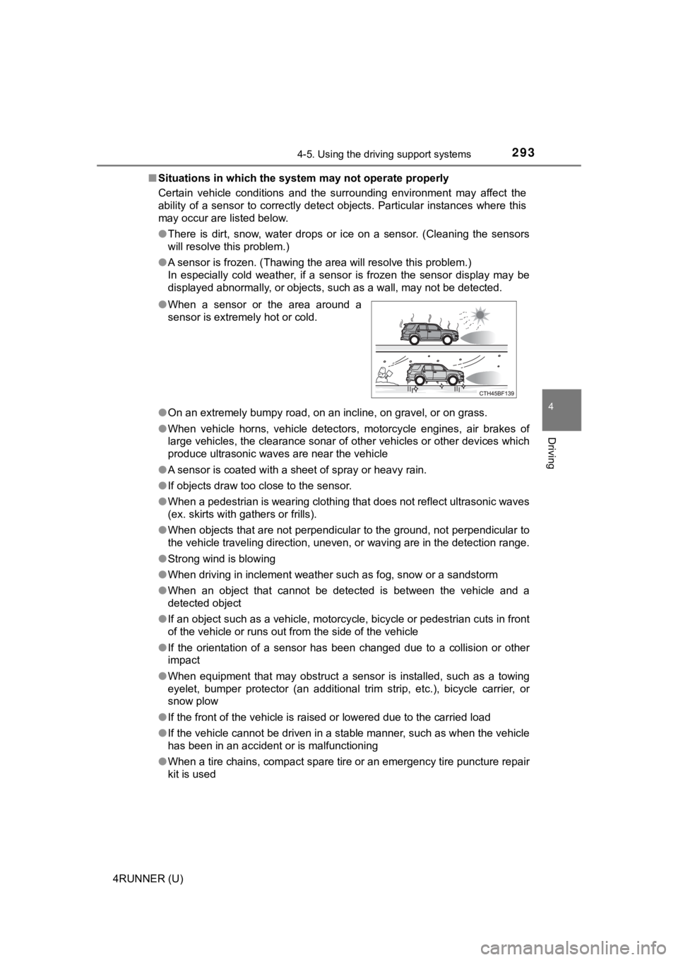 TOYOTA 4RUNNER 2022 Owners Manual 2934-5. Using the driving support systems
4
Driving
4RUNNER (U)■
Situations in which the syst em may not operate properly
Certain vehicle conditions and the surrounding environment may affec TOYOTA 4RUNNER 2022 Owners Manual 2934-5. Using the driving support systems
4
Driving
4RUNNER (U)■
Situations in which the syst em may not operate properly
Certain vehicle conditions and the surrounding environment may affec