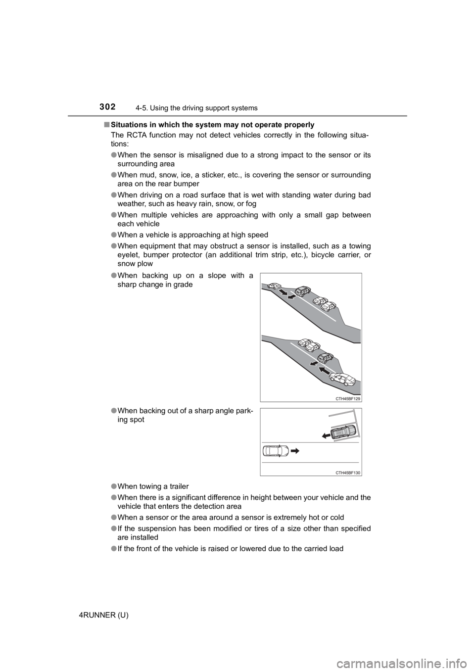 TOYOTA 4RUNNER 2022  Owners Manual 3024-5. Using the driving support systems
4RUNNER (U)■
Situations in which the syst em may not operate properly
The  RCTA  function  may  not  detect  vehicles  correctly  in  the  foll owing  situa