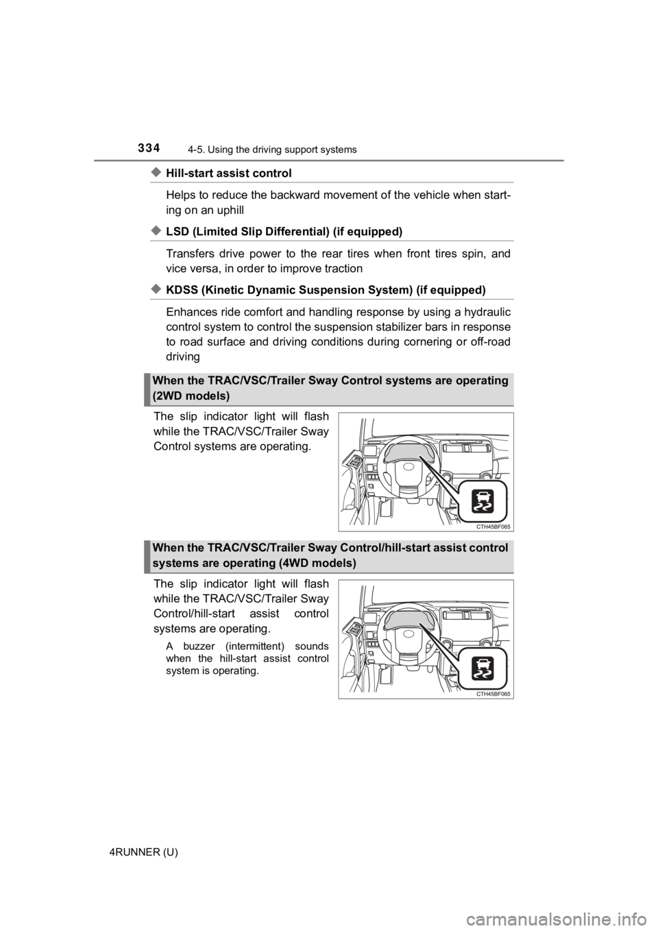 TOYOTA 4RUNNER 2022 Service Manual 3344-5. Using the driving support systems
4RUNNER (U)
◆Hill-start assist control
Helps to reduce the backward movement of the vehicle when start -
ing on an uphill
◆LSD (Limited Slip Diff erential