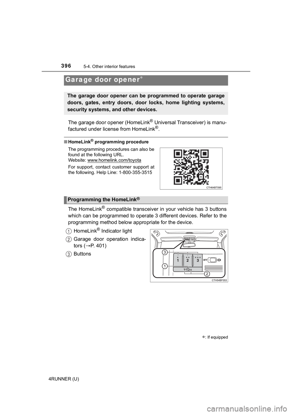 TOYOTA 4RUNNER 2022 Owners Manual 3965-4. Other interior features
4RUNNER (U)
The garage door opener (HomeLink® Universal Transceiver) is manu-
factured under license from HomeLink®.
■ HomeLink® programming procedure
The HomeLink TOYOTA 4RUNNER 2022 Owners Manual 3965-4. Other interior features
4RUNNER (U)
The garage door opener (HomeLink® Universal Transceiver) is manu-
factured under license from HomeLink®.
■ HomeLink® programming procedure
The HomeLink