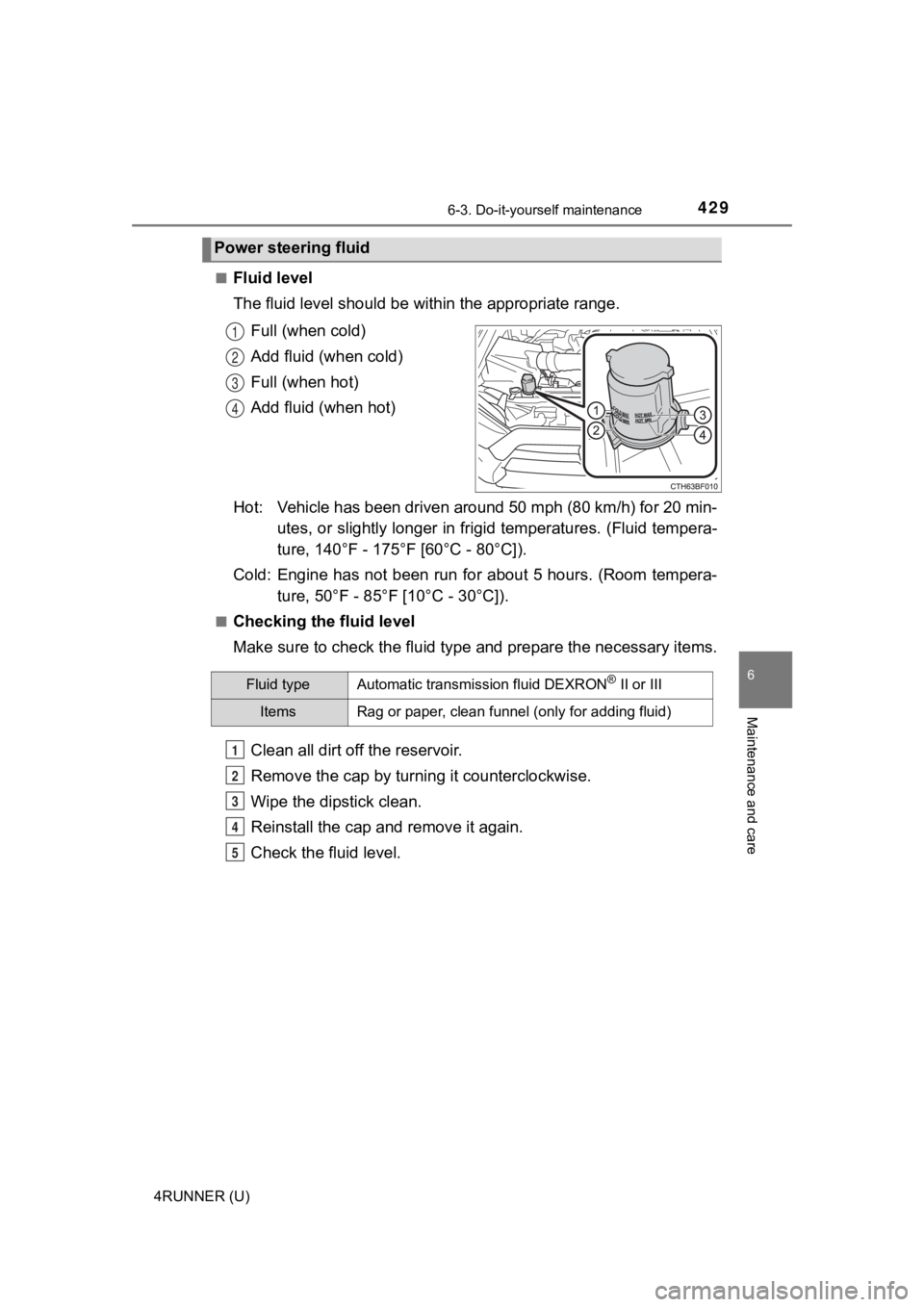 TOYOTA 4RUNNER 2022 Service Manual 4296-3. Do-it-yourself maintenance
6
Maintenance and care
4RUNNER (U)■
Fluid level
The fluid level should be within the appropriate range.
Full (when cold)
Add fluid (when cold)
Full (when hot)
Add TOYOTA 4RUNNER 2022 Service Manual 4296-3. Do-it-yourself maintenance
6
Maintenance and care
4RUNNER (U)■
Fluid level
The fluid level should be within the appropriate range.
Full (when cold)
Add fluid (when cold)
Full (when hot)
Add