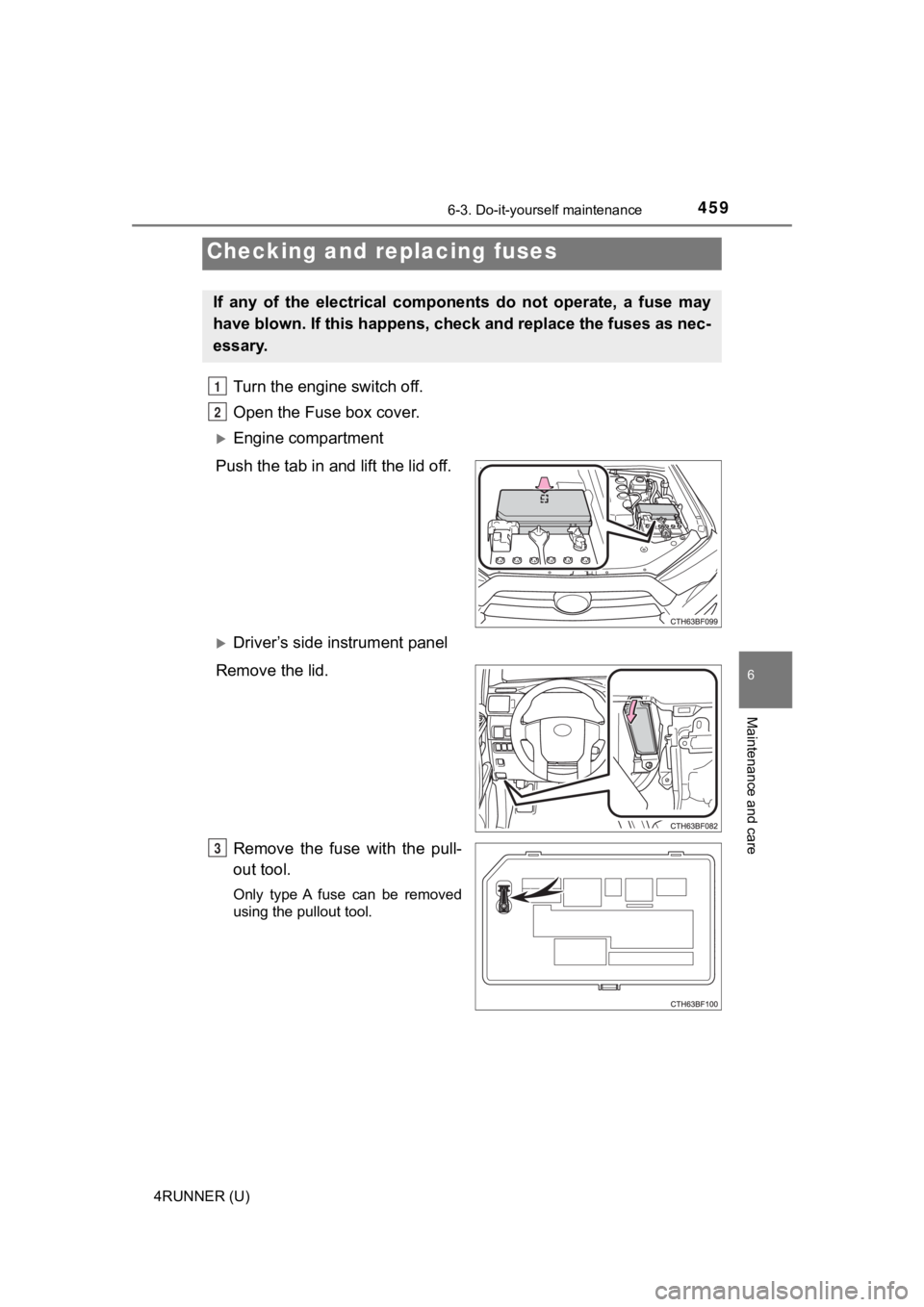 TOYOTA 4RUNNER 2022 Owners Manual 4596-3. Do-it-yourself maintenance
6
Maintenance and care
4RUNNER (U)
Turn the engine switch off.
Open the Fuse box cover.
Engine compartment
Push the tab in and lift the lid off.
Driver’s si TOYOTA 4RUNNER 2022 Owners Manual 4596-3. Do-it-yourself maintenance
6
Maintenance and care
4RUNNER (U)
Turn the engine switch off.
Open the Fuse box cover.
Engine compartment
Push the tab in and lift the lid off.
Driver’s si