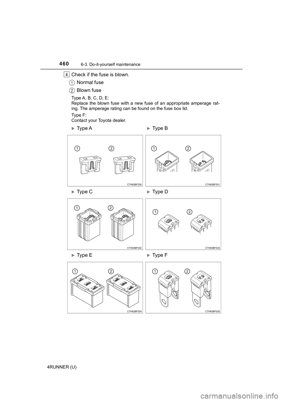 TOYOTA 4RUNNER 2022 Owners Manual 4606-3. Do-it-yourself maintenance
4RUNNER (U)
Check if the fuse is blown.Normal fuse
Blown fuse
Type A, B, C, D, E:
Replace the blown fuse with a new fuse of an appropriate ampera ge rat- TOYOTA 4RUNNER 2022 Owners Manual 4606-3. Do-it-yourself maintenance
4RUNNER (U)
Check if the fuse is blown.Normal fuse
Blown fuse
Type A, B, C, D, E:
Replace the blown fuse with a new fuse of an appropriate ampera ge rat-