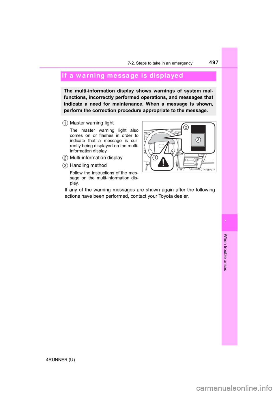 TOYOTA 4RUNNER 2022 Owners Manual 4977-2. Steps to take in an emergency
7
When trouble arises
4RUNNER (U)
Master warning light
The master warning light also
comes on or flashes in order to
indicate that a message is cur TOYOTA 4RUNNER 2022 Owners Manual 4977-2. Steps to take in an emergency
7
When trouble arises
4RUNNER (U)
Master warning light
The master warning light also
comes on or flashes in order to
indicate that a message is cur