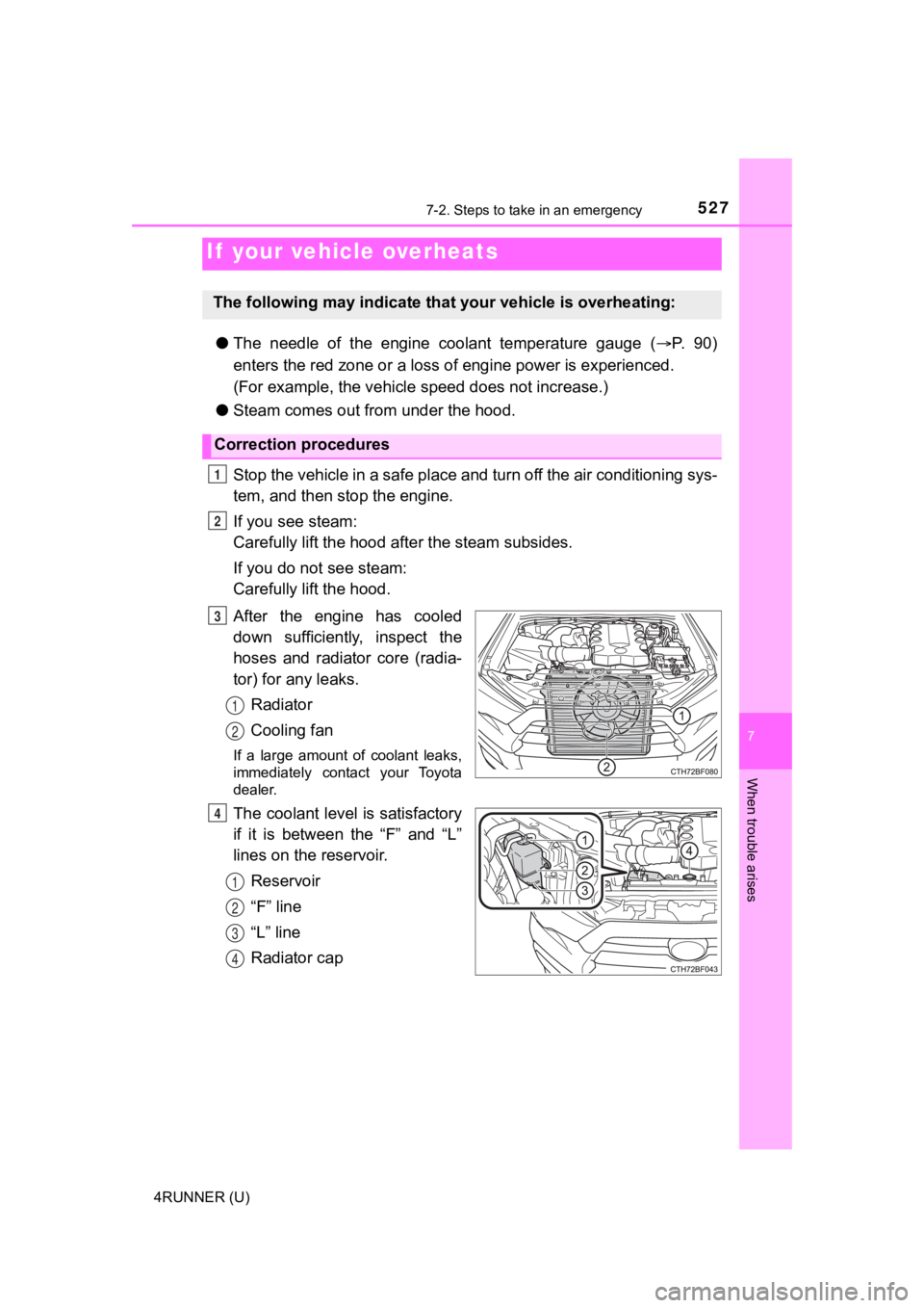 TOYOTA 4RUNNER 2022 Owners Manual 5277-2. Steps to take in an emergency
7
When trouble arises
4RUNNER (U)
●The needle of the engine coolant temperature gauge ( P. 9 0 )
enters the red zone o r a loss of engine power is TOYOTA 4RUNNER 2022 Owners Manual 5277-2. Steps to take in an emergency
7
When trouble arises
4RUNNER (U)
●The needle of the engine coolant temperature gauge ( P. 9 0 )
enters the red zone o r a loss of engine power is