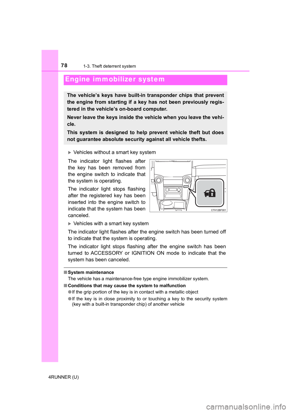 TOYOTA 4RUNNER 2022 Manual PDF 78
4RUNNER (U)
1-3. Theft deterrent system
Vehicles without a smart key system
The indicator light flashes after
the key has been removed from
the engine switch to indicate that
the s TOYOTA 4RUNNER 2022 Manual PDF 78
4RUNNER (U)
1-3. Theft deterrent system
Vehicles without a smart key system
The indicator light flashes after
the key has been removed from
the engine switch to indicate that
the s