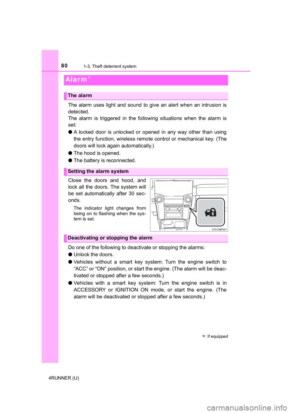 TOYOTA 4RUNNER 2022 Manual PDF 801-3. Theft deterrent system
4RUNNER (U)
The alarm uses light and sound to give an alert when an intrusion is
detected.
The alarm is triggered in the following situations when t TOYOTA 4RUNNER 2022 Manual PDF 801-3. Theft deterrent system
4RUNNER (U)
The alarm uses light and sound to give an alert when an intrusion is
detected.
The alarm is triggered in the following situations when t