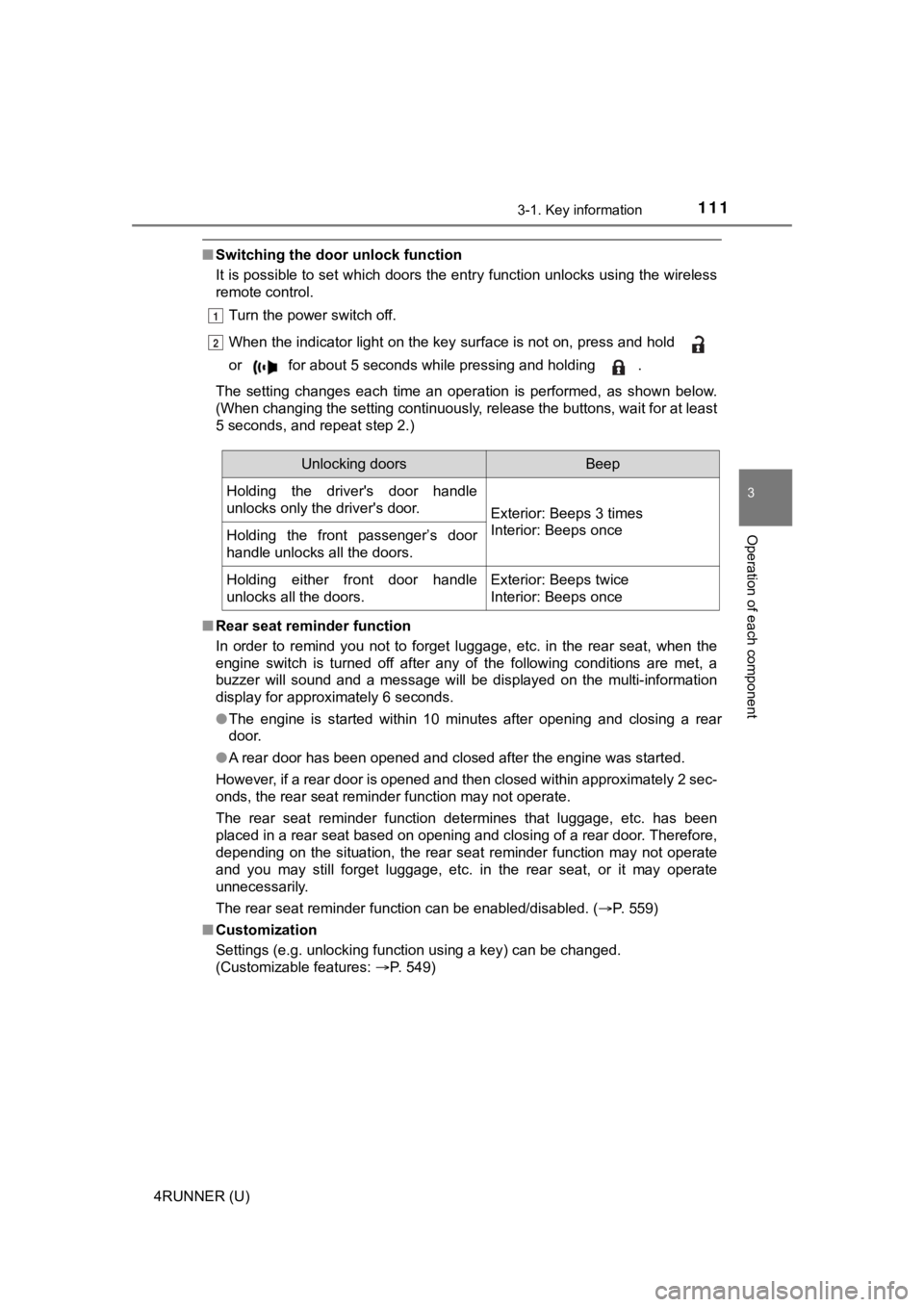 TOYOTA 4RUNNER 2023 Owners Manual 1113-1. Key information
3
Operation of each component
4RUNNER (U)
■Switching the door unlock function
It is possible to set which doors the entry function unlocks using the wireless
remote control. TOYOTA 4RUNNER 2023 Owners Manual 1113-1. Key information
3
Operation of each component
4RUNNER (U)
■Switching the door unlock function
It is possible to set which doors the entry function unlocks using the wireless
remote control.