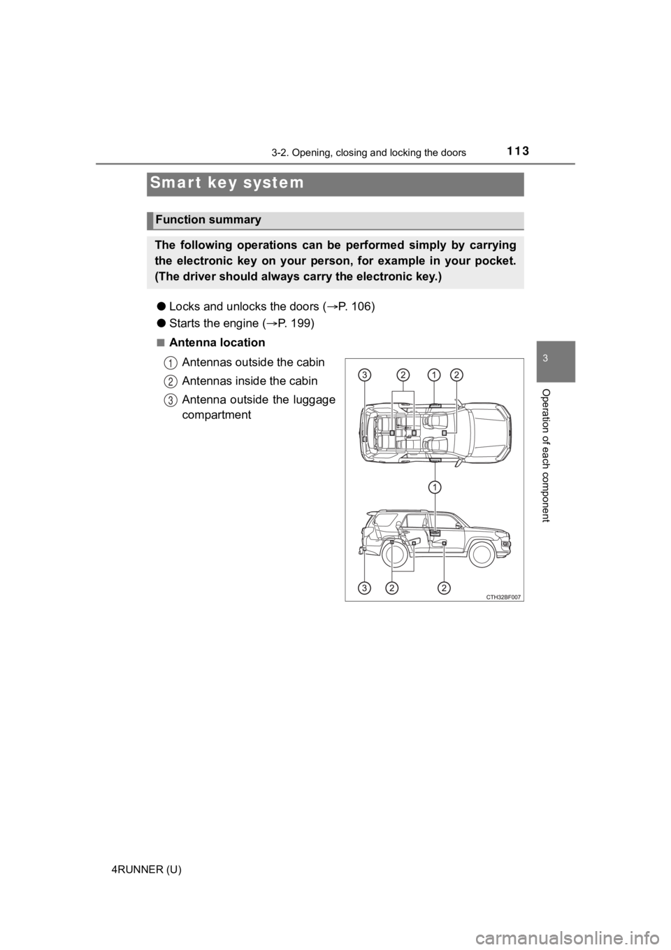 TOYOTA 4RUNNER 2023 Owners Manual 113
3
Operation of each component
4RUNNER (U)
3-2. Opening, closing and locking the doors
●Locks and unloc ks the doors (P. 106)
● Starts the engine ( P. 1 9 9 )
■Antenna location
Antenn TOYOTA 4RUNNER 2023 Owners Manual 113
3
Operation of each component
4RUNNER (U)
3-2. Opening, closing and locking the doors
●Locks and unloc ks the doors (P. 106)
● Starts the engine ( P. 1 9 9 )
■Antenna location
Antenn