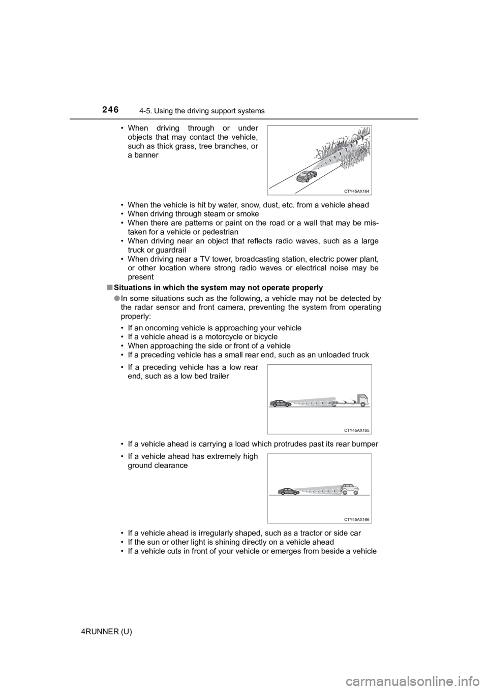 TOYOTA 4RUNNER 2023 User Guide 2464-5. Using the driving support systems
4RUNNER (U)• When the vehicle is hit by water, snow, dust, etc. from a vehicle ahead
• When driving through steam or smoke
• When there are patterns TOYOTA 4RUNNER 2023 User Guide 2464-5. Using the driving support systems
4RUNNER (U)• When the vehicle is hit by water, snow, dust, etc. from a vehicle ahead
• When driving through steam or smoke
• When there are patterns