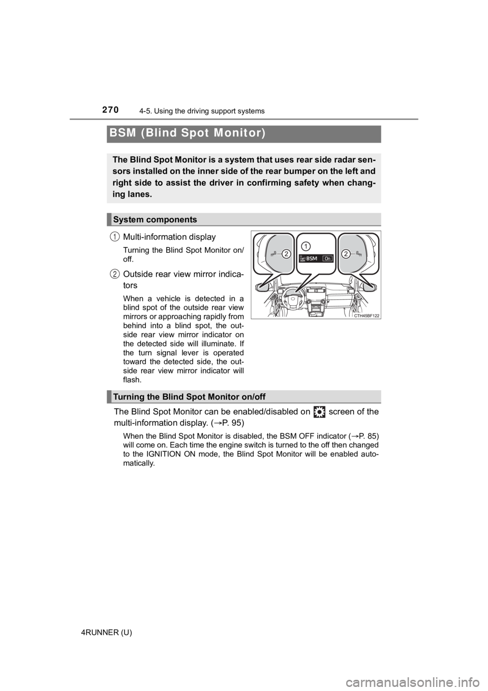 TOYOTA 4RUNNER 2023 Owners Manual 2704-5. Using the driving support systems
4RUNNER (U)
Multi-information display
Turning the Blind Spot Monitor on/
off.
Outside rear view mirror indica-
tors
When a vehicle is detected in a TOYOTA 4RUNNER 2023 Owners Manual 2704-5. Using the driving support systems
4RUNNER (U)
Multi-information display
Turning the Blind Spot Monitor on/
off.
Outside rear view mirror indica-
tors
When a vehicle is detected in a