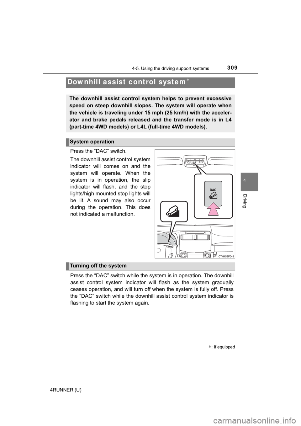 TOYOTA 4RUNNER 2023 Owners Manual 3094-5. Using the driving support systems
4
Driving
4RUNNER (U)
Press the “DAC” switch.
The downhill assist control system
indicator will comes on and the
system will operate. When the
sy TOYOTA 4RUNNER 2023 Owners Manual 3094-5. Using the driving support systems
4
Driving
4RUNNER (U)
Press the “DAC” switch.
The downhill assist control system
indicator will comes on and the
system will operate. When the
sy