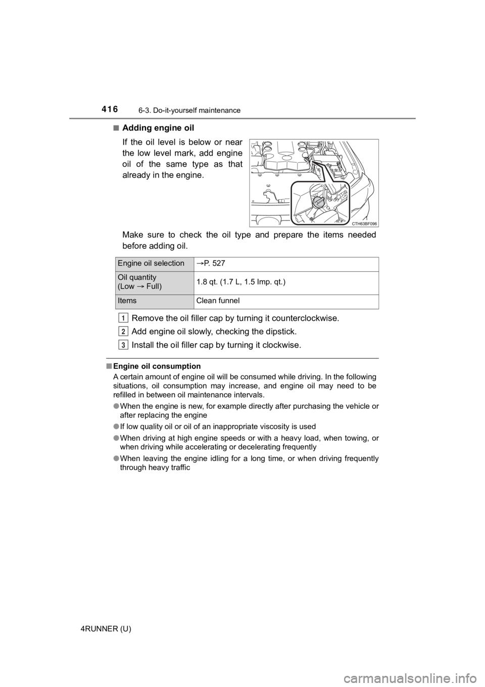 TOYOTA 4RUNNER 2023  Owners Manual 4166-3. Do-it-yourself maintenance
4RUNNER (U)■
Adding engine oil
If  the  oil  level  is  below  or  near
the  low  level  mark,  add  engine
oil  of  the  same  type  as  that
already in the engin