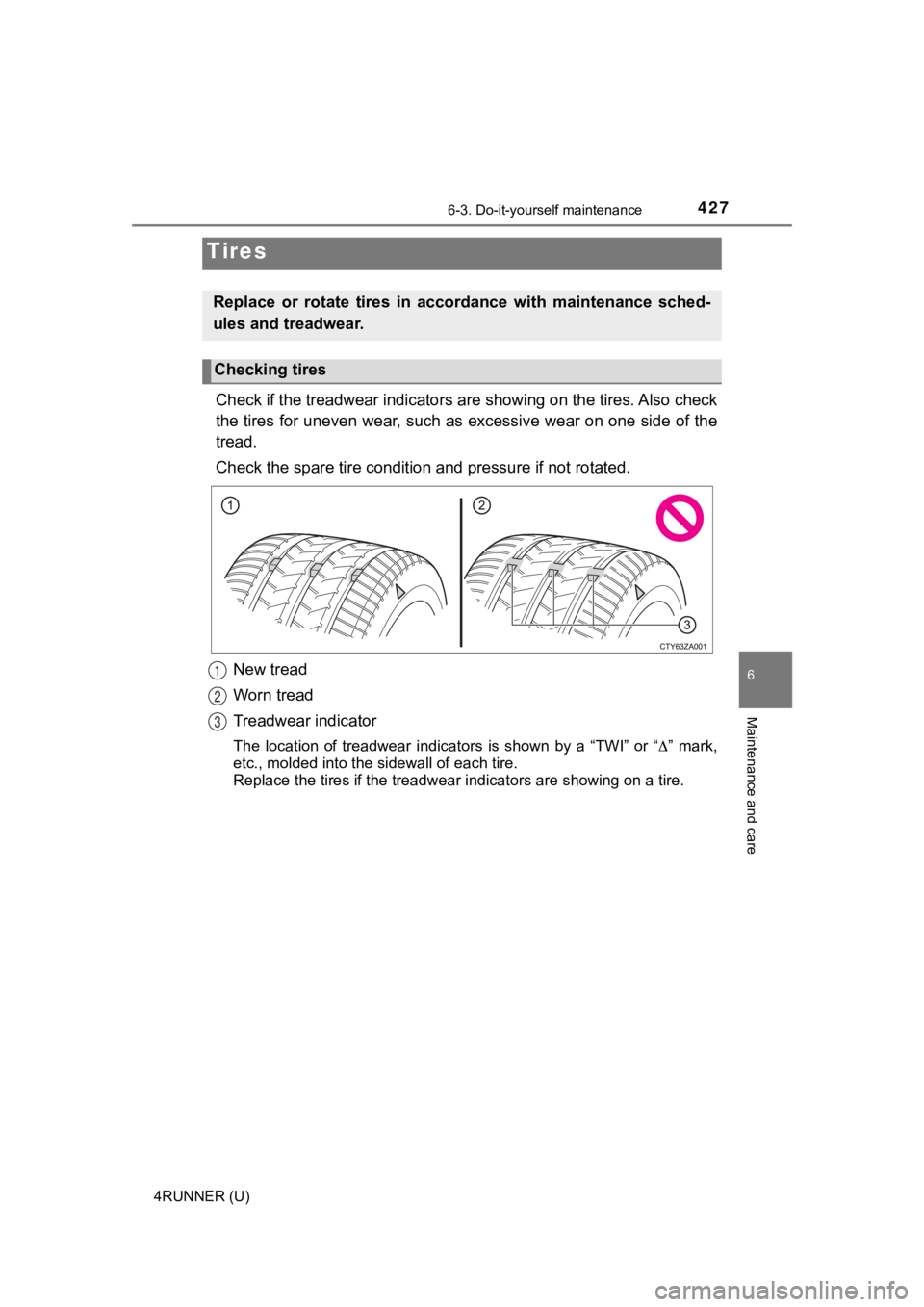 TOYOTA 4RUNNER 2023 Owners Manual 4276-3. Do-it-yourself maintenance
6
Maintenance and care
4RUNNER (U)
Check if the treadwear indicators are showing on the tires. Also check
the tires for uneven wear, such as excessive wear on one si TOYOTA 4RUNNER 2023 Owners Manual 4276-3. Do-it-yourself maintenance
6
Maintenance and care
4RUNNER (U)
Check if the treadwear indicators are showing on the tires. Also check
the tires for uneven wear, such as excessive wear on one si