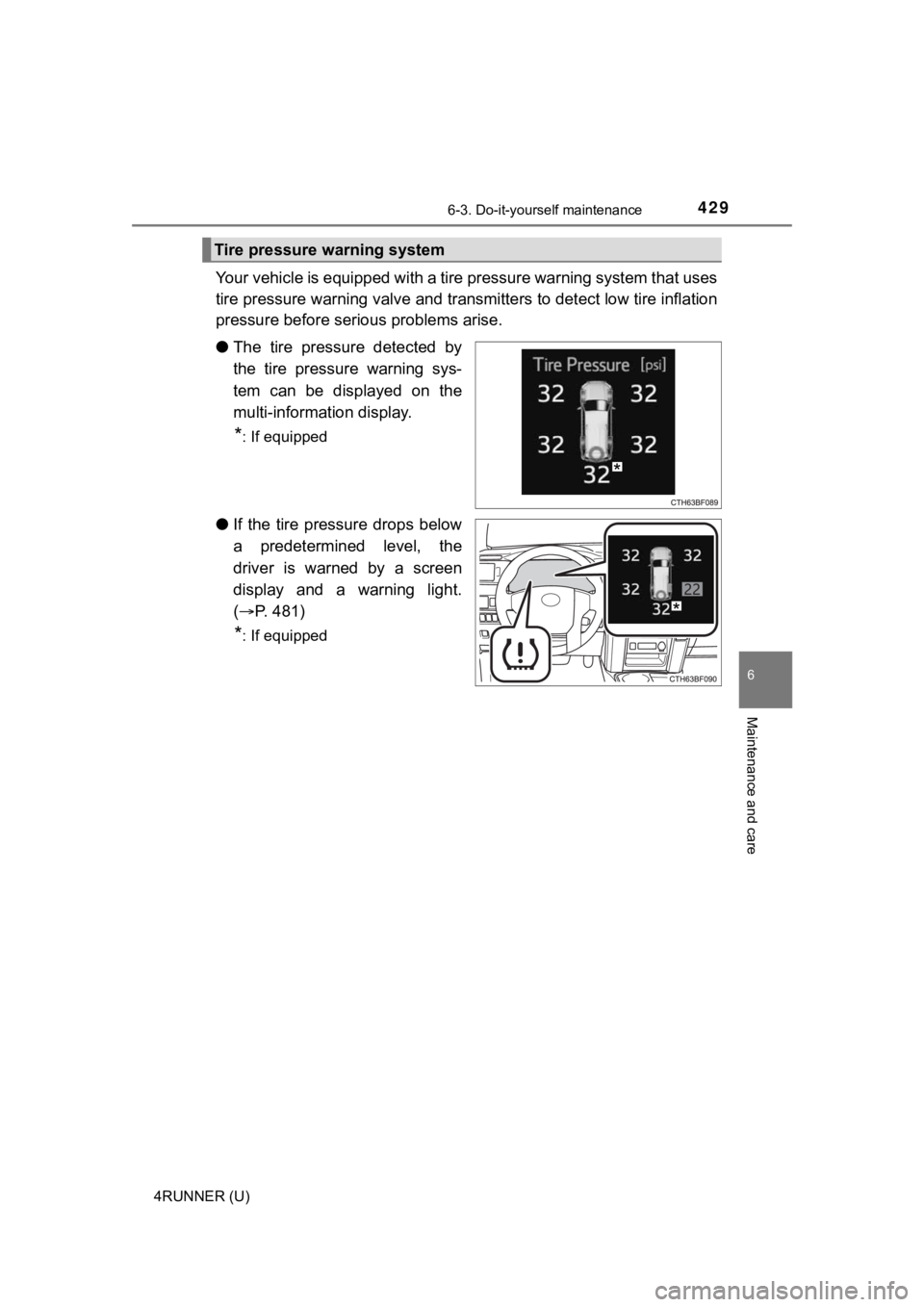 TOYOTA 4RUNNER 2023 Owners Manual 4296-3. Do-it-yourself maintenance
6
Maintenance and care
4RUNNER (U)
Your vehicle is equipped with a tire pressure warning system that uses
tire pressure warning valve and t ransmitters to detect low TOYOTA 4RUNNER 2023 Owners Manual 4296-3. Do-it-yourself maintenance
6
Maintenance and care
4RUNNER (U)
Your vehicle is equipped with a tire pressure warning system that uses
tire pressure warning valve and t ransmitters to detect low