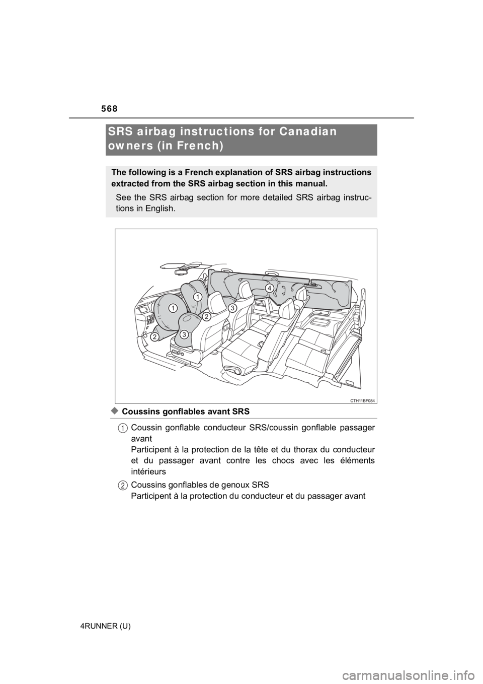 TOYOTA 4RUNNER 2023  Owners Manual 568
4RUNNER (U)
◆Coussins gonflables avant SRSCoussin  gonflable  conducteur  SRS/coussin  gonflable  passager
avant
Participent  à  la  protection  de  la  tête  et  du  thorax  du  conducte ur
e
