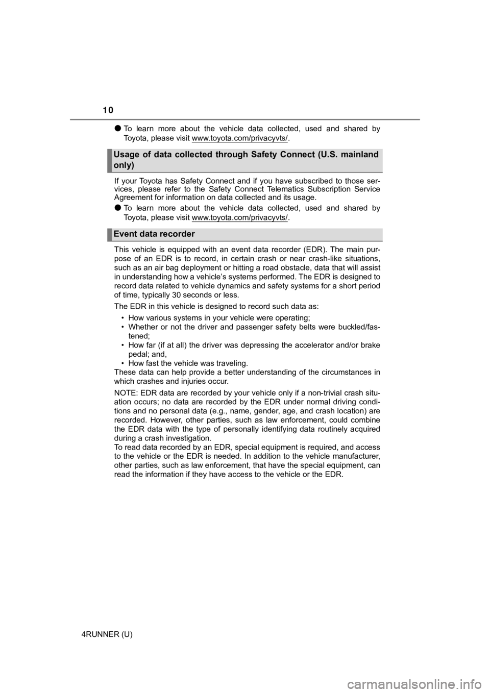 TOYOTA 4RUNNER 2023 Owners Manual 10
4RUNNER (U)
●To learn more about the vehicle data collected, used and shared by
Toyota, please visit www.toyota.com/privacyvts/
.
If your Toyota has Safety Connect and if you h TOYOTA 4RUNNER 2023 Owners Manual 10
4RUNNER (U)
●To learn more about the vehicle data collected, used and shared by
Toyota, please visit www.toyota.com/privacyvts/
.
If your Toyota has Safety Connect and if you h