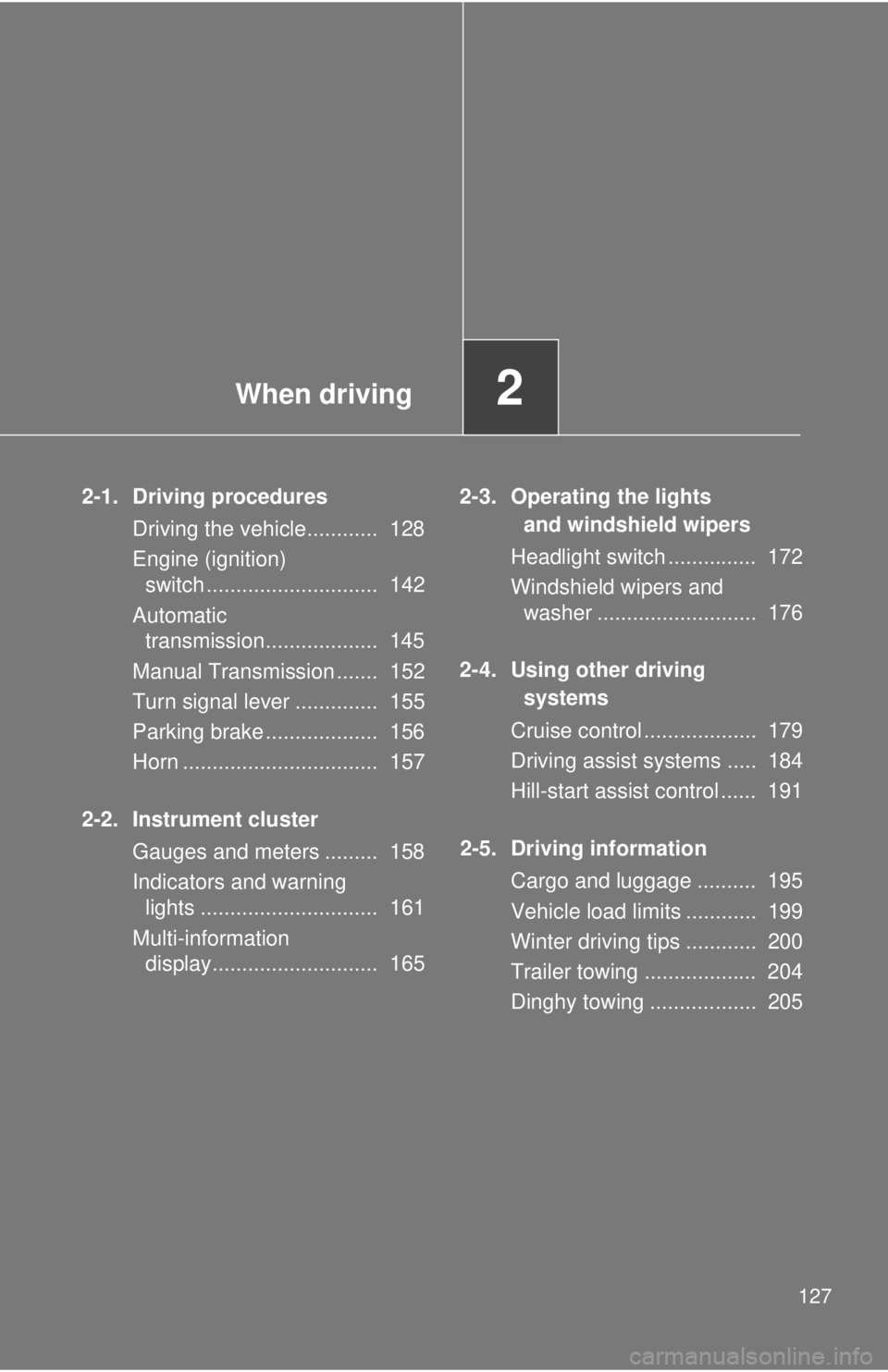 TOYOTA 86 2017 Owners Manual When driving
2
1272-1. Driving procedures
Driving the vehicle............ 128
Engine (ignition)
switch ............................. 142
Automatic
transmission................... 145
Manual Trans TOYOTA 86 2017 Owners Manual When driving
2
1272-1. Driving procedures
Driving the vehicle............ 128
Engine (ignition)
switch ............................. 142
Automatic
transmission................... 145
Manual Trans