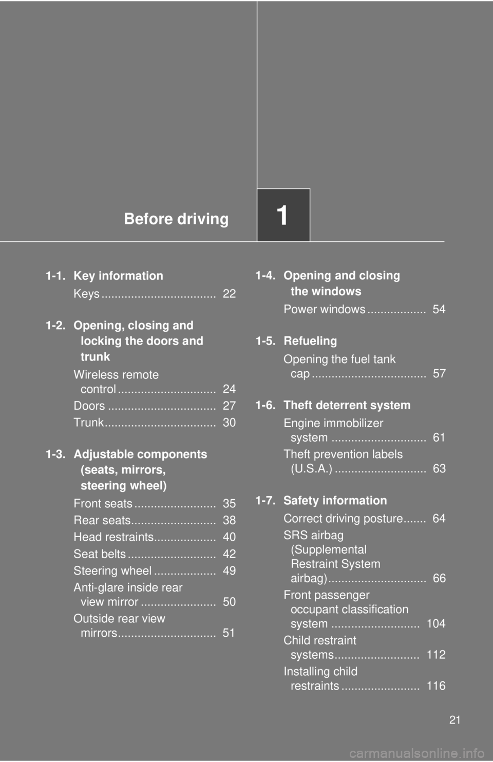 TOYOTA 86 2017 Owners Manual Before driving
1
211-1. Key information
Keys ................................... 22
1-2. Opening, closing and
locking the doors and
trunk
Wireless remote
control .............................. 24 TOYOTA 86 2017 Owners Manual Before driving
1
211-1. Key information
Keys ................................... 22
1-2. Opening, closing and
locking the doors and
trunk
Wireless remote
control .............................. 24