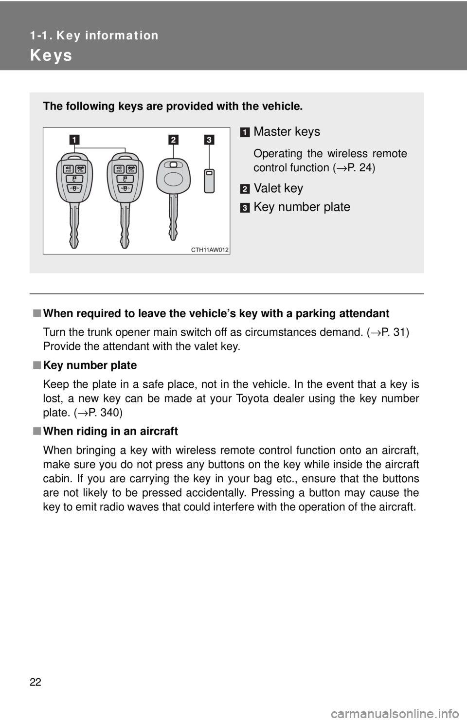TOYOTA 86 2017 Owners Manual 221-1. Key information
Keys
■ When required to leave the vehicle’s key with a parking attendant
Turn the trunk opener main switch off as circumstances demand. ( → P. 31)
Provide the attendant wi TOYOTA 86 2017 Owners Manual 221-1. Key information
Keys
■ When required to leave the vehicle’s key with a parking attendant
Turn the trunk opener main switch off as circumstances demand. ( → P. 31)
Provide the attendant wi
