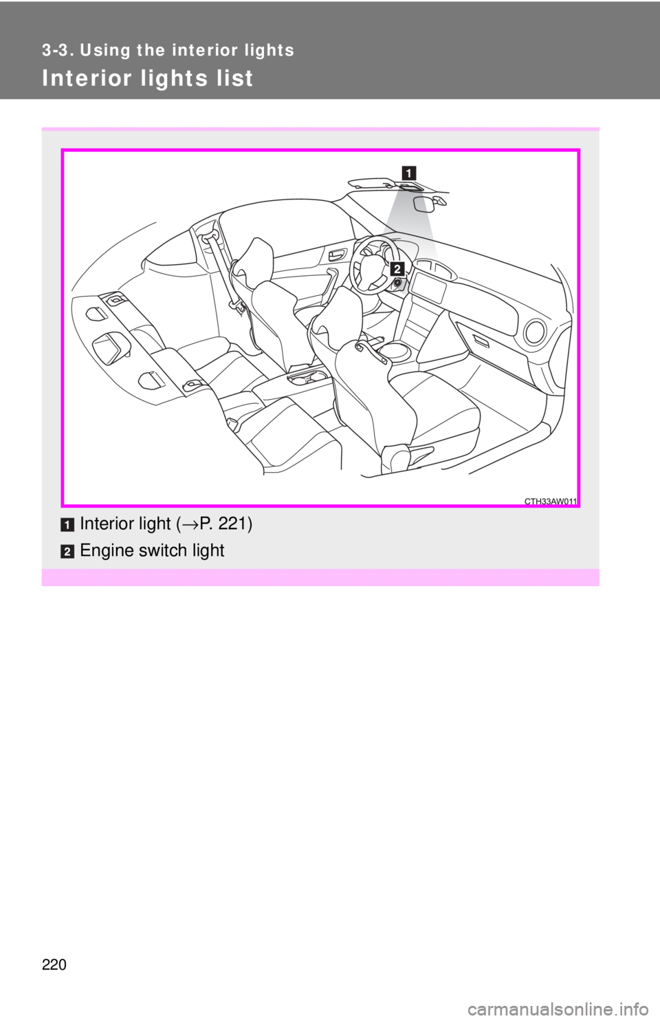 TOYOTA 86 2017  Owners Manual 2203-3. Using the interior lights
Interior lights list
Interior light ( → P. 221)
Engine switch light 