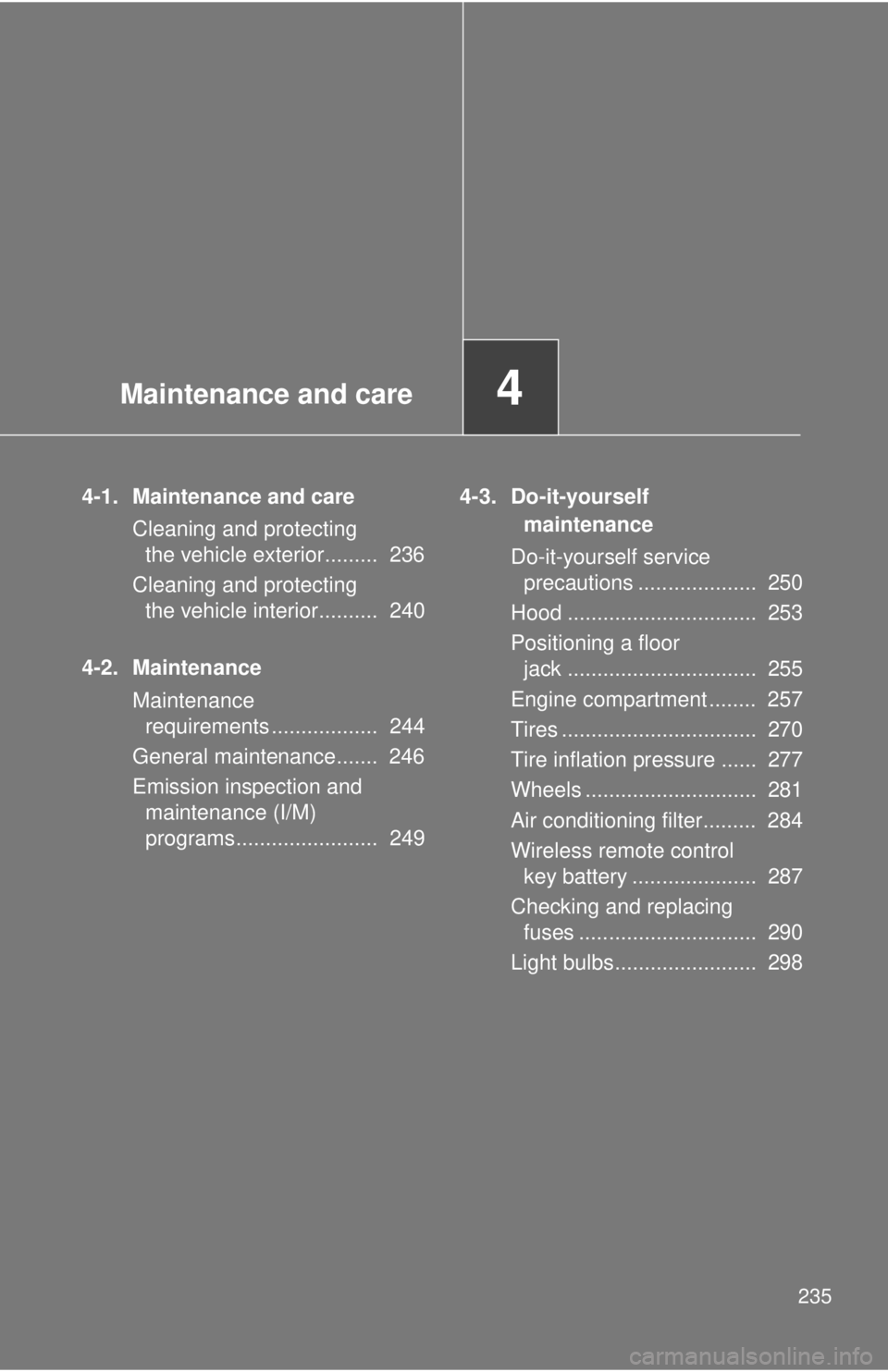 TOYOTA 86 2017  Owners Manual Maintenance and care
4
2354-1. Maintenance and care
Cleaning and protecting 
the vehicle exterior.........  236
Cleaning and protecting 
the vehicle interior..........  240
4-2. Maintenance
Maintenanc