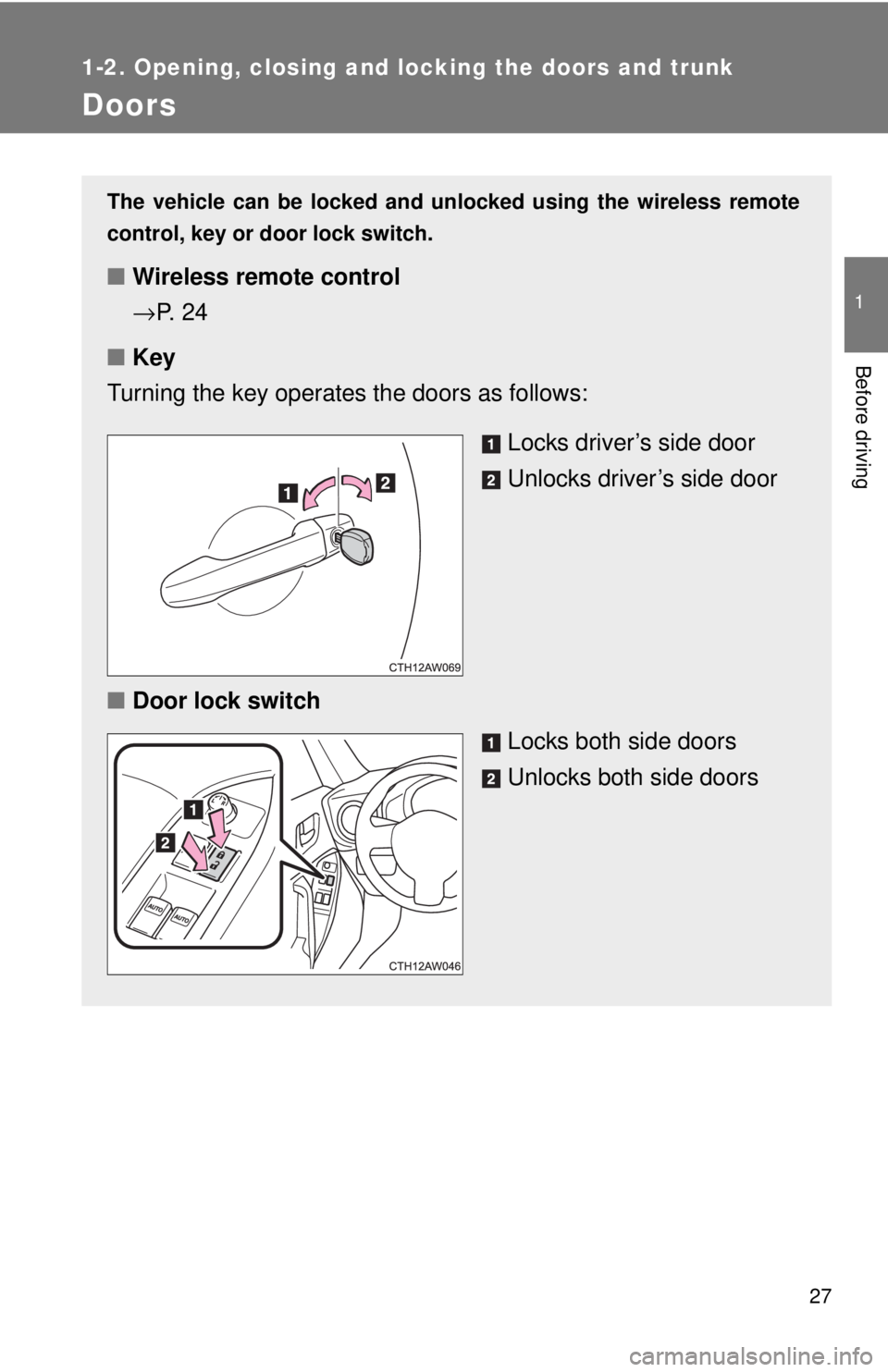 TOYOTA 86 2017 Owners Manual 27 11-2. Opening, closing and locking the doors and trunk
Before driving
Doors The vehicle can be locked and unlocked using the wireless remote
control, key or door lock switch.
■ Wireless remote co TOYOTA 86 2017 Owners Manual 27 11-2. Opening, closing and locking the doors and trunk
Before driving
Doors The vehicle can be locked and unlocked using the wireless remote
control, key or door lock switch.
■ Wireless remote co