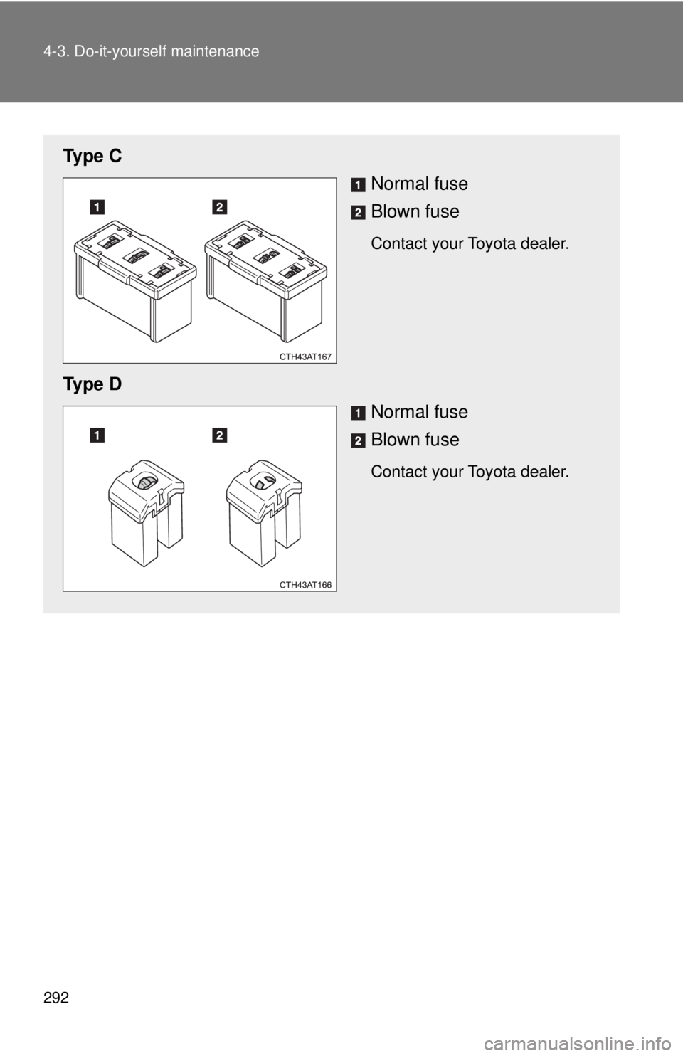 TOYOTA 86 2017  Owners Manual 2924-3. Do-it-yourself maintenance
Ty p e  C
Normal fuse
Blown fuse Contact your Toyota dealer.
Ty p e  D
Normal fuse
Blown fuse Contact your Toyota dealer. 