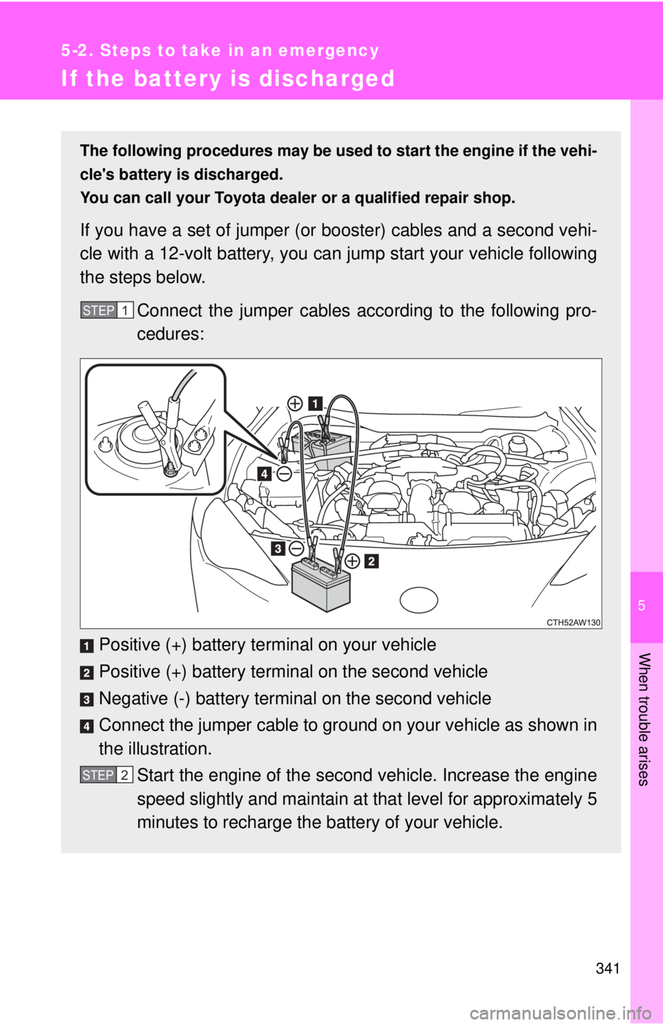 TOYOTA 86 2017 Owners Manual 5
When trouble arises
3415-2. Steps to take in an emergency
If the battery is discharged The following procedures may be used to start the engine if the vehi-
cles battery is discharged.
You can ca TOYOTA 86 2017 Owners Manual 5
When trouble arises
3415-2. Steps to take in an emergency
If the battery is discharged The following procedures may be used to start the engine if the vehi-
cles battery is discharged.
You can ca