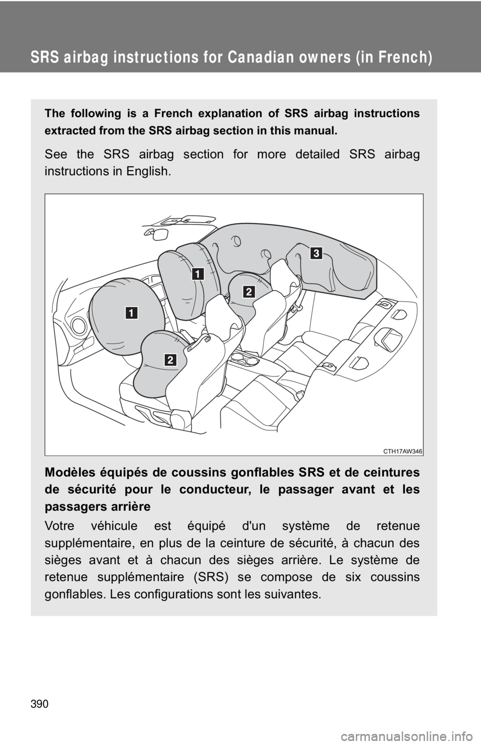 TOYOTA 86 2017 Owners Manual 390SRS airbag instructions for Canadian owners (in French) The following is a French explanation of SRS airbag instructions
extracted from the SRS airbag section in this manual.
See the SRS airbag sec TOYOTA 86 2017 Owners Manual 390SRS airbag instructions for Canadian owners (in French) The following is a French explanation of SRS airbag instructions
extracted from the SRS airbag section in this manual.
See the SRS airbag sec