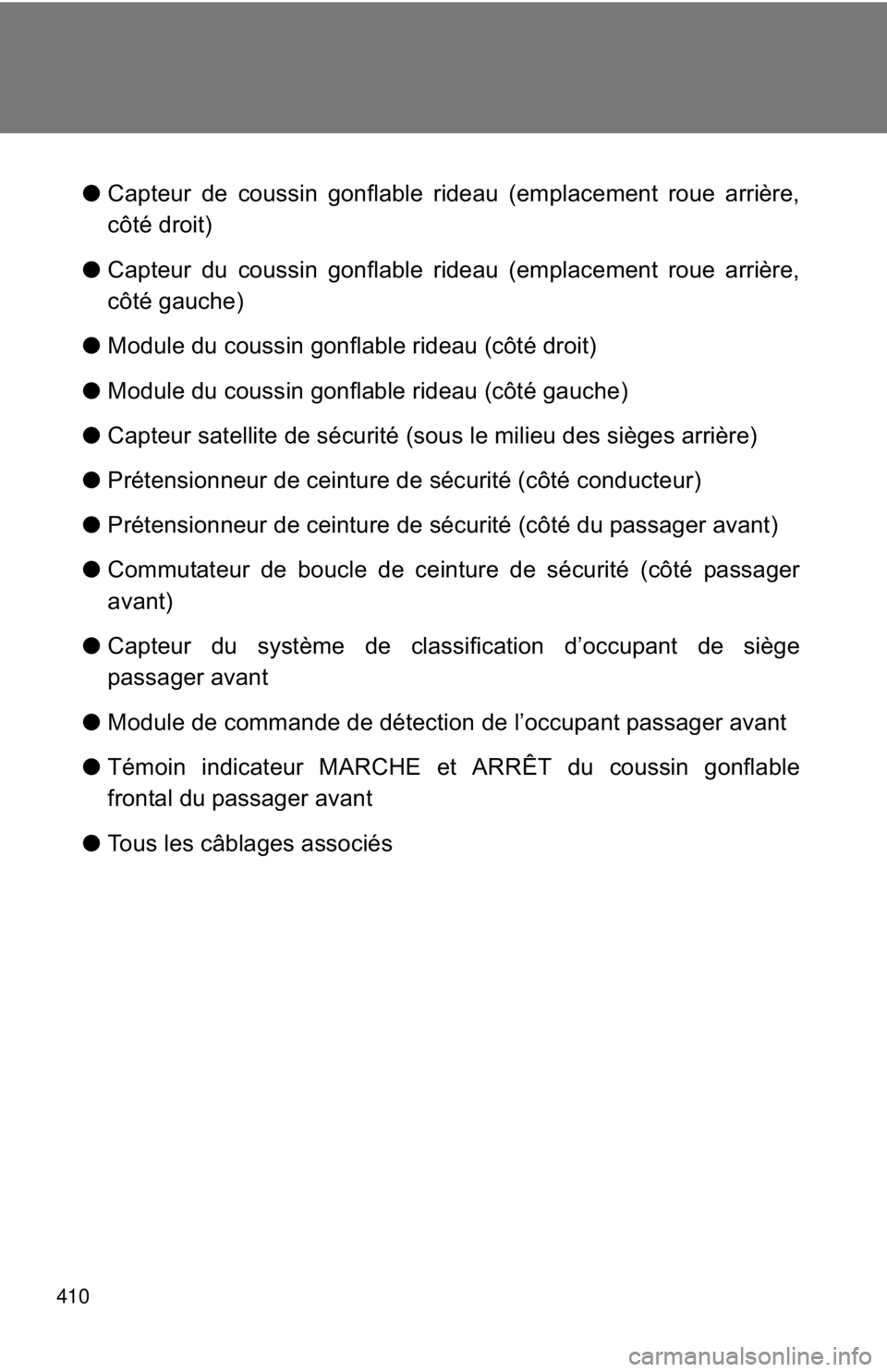 TOYOTA 86 2017  Owners Manual 410 ● Capteur de coussin gonflable rideau (emplacement roue arrière,
côté droit)
● Capteur du coussin gonflable rideau (emplacement roue arrière,
côté gauche)
● Module du coussin gonflable
