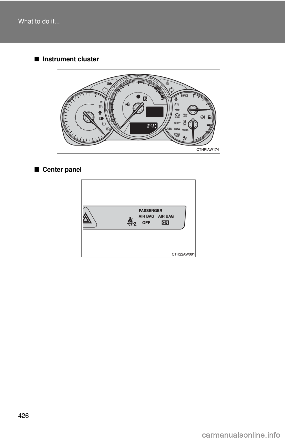 TOYOTA 86 2017 Owners Manual 426What to do if...
■ Instrument cluster
■ Center panel TOYOTA 86 2017 Owners Manual 426What to do if...
■ Instrument cluster
■ Center panel