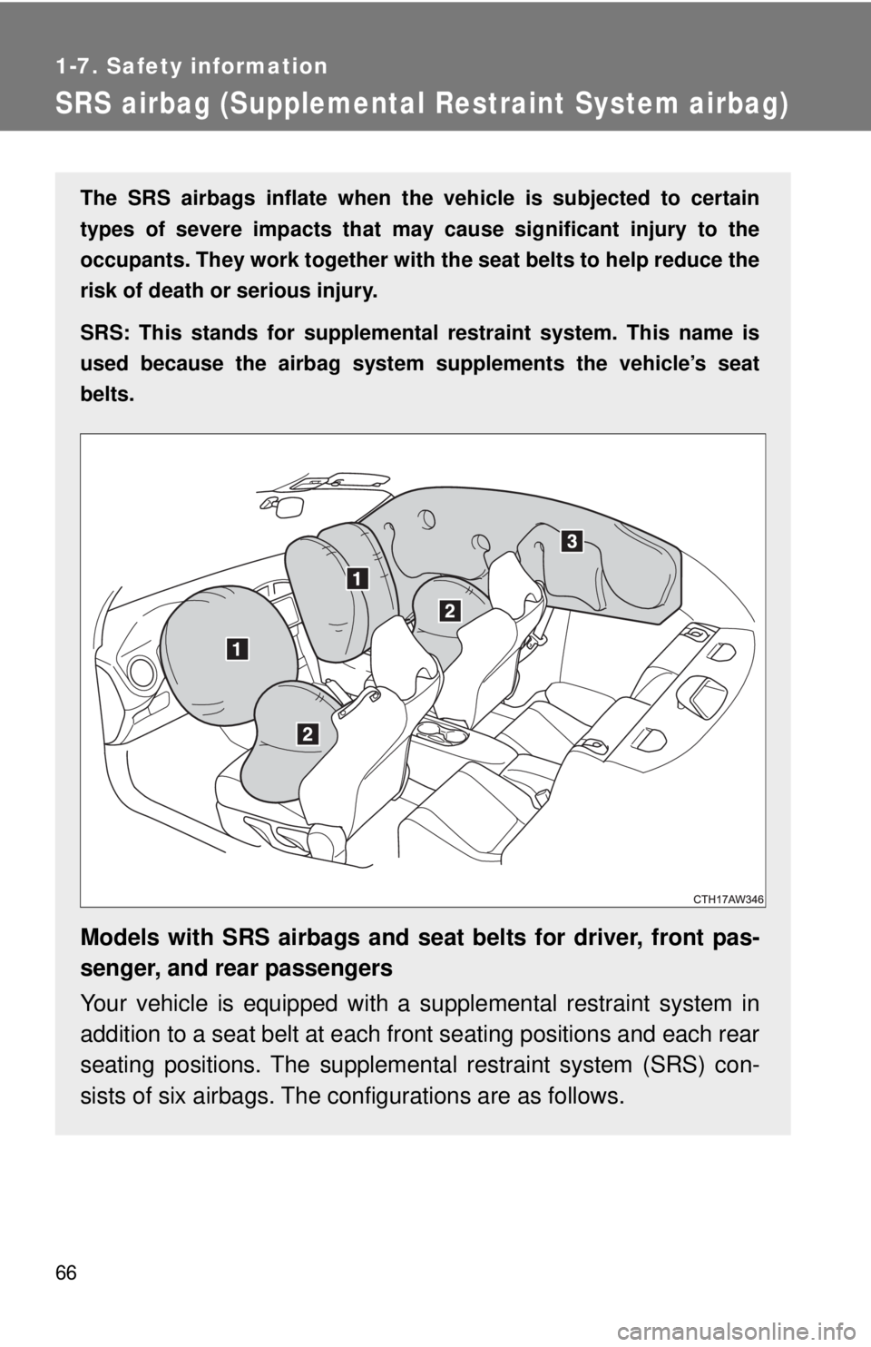 TOYOTA 86 2017 Repair Manual 661-7. Safety information
SRS airbag (Supplemental Restraint System airbag)The SRS airbags inflat e when the vehicle is subjected to certain
types of severe impacts that may cause significant injury TOYOTA 86 2017 Repair Manual 661-7. Safety information
SRS airbag (Supplemental Restraint System airbag)The SRS airbags inflat e when the vehicle is subjected to certain
types of severe impacts that may cause significant injury